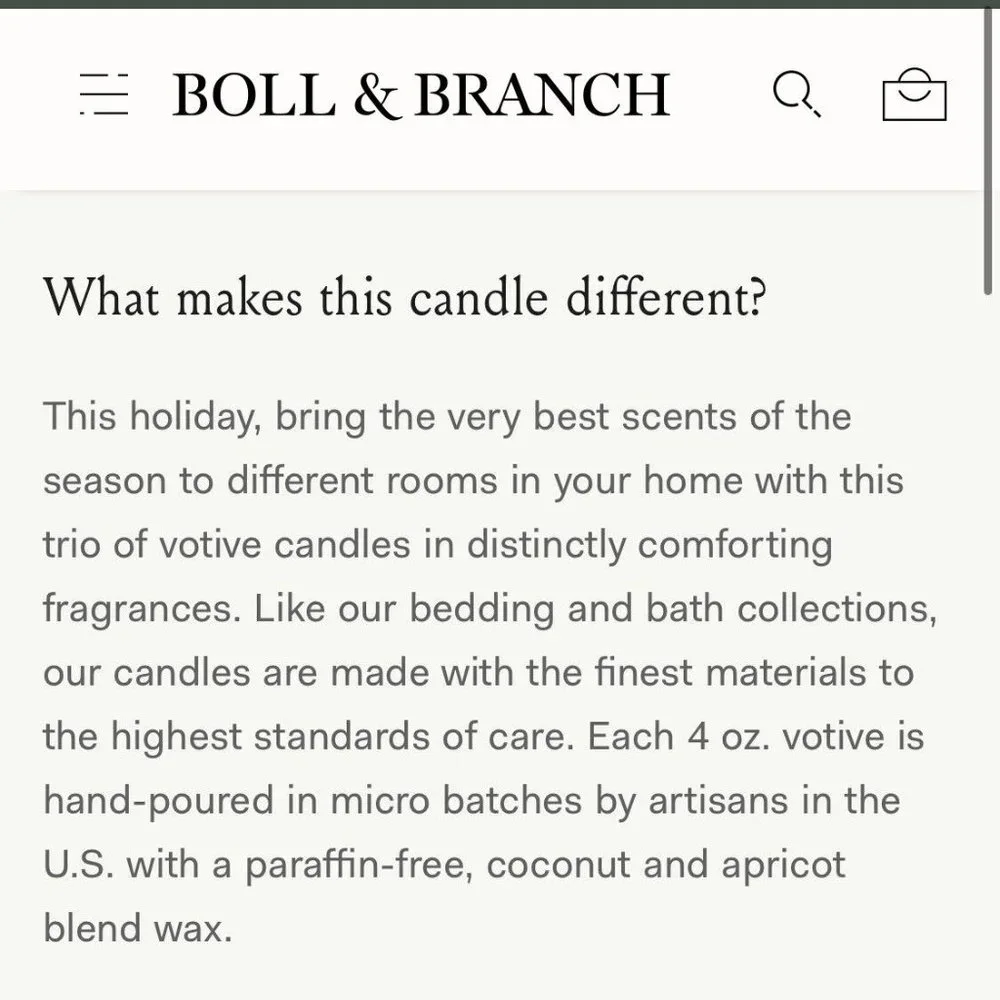 Boll & Branch Holiday Votive Candle Trio 100% Coconut & Apricot Wax Blend